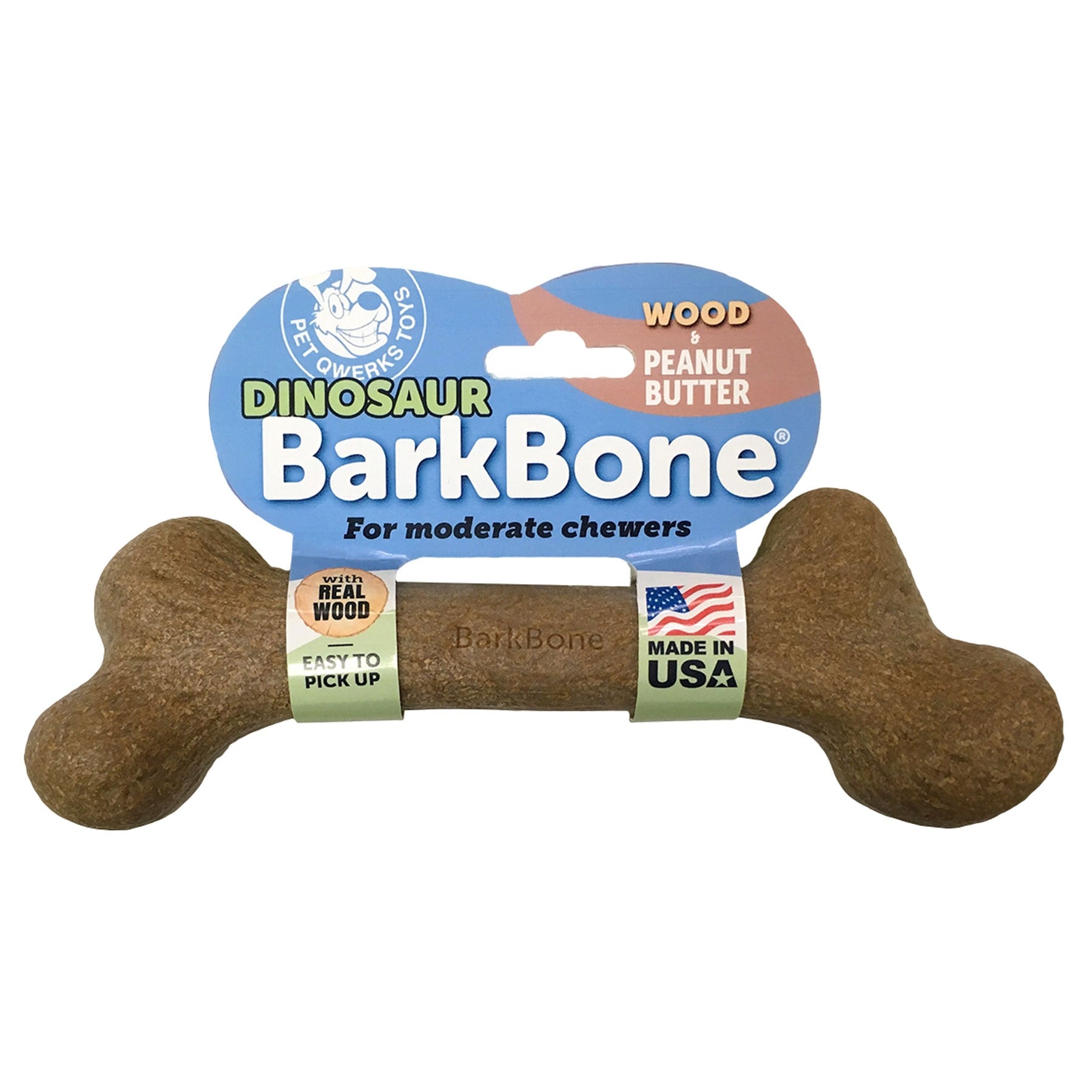 Pet Qwerks Peanut Butter Wood Dinosaur BarkBone Dog Chew